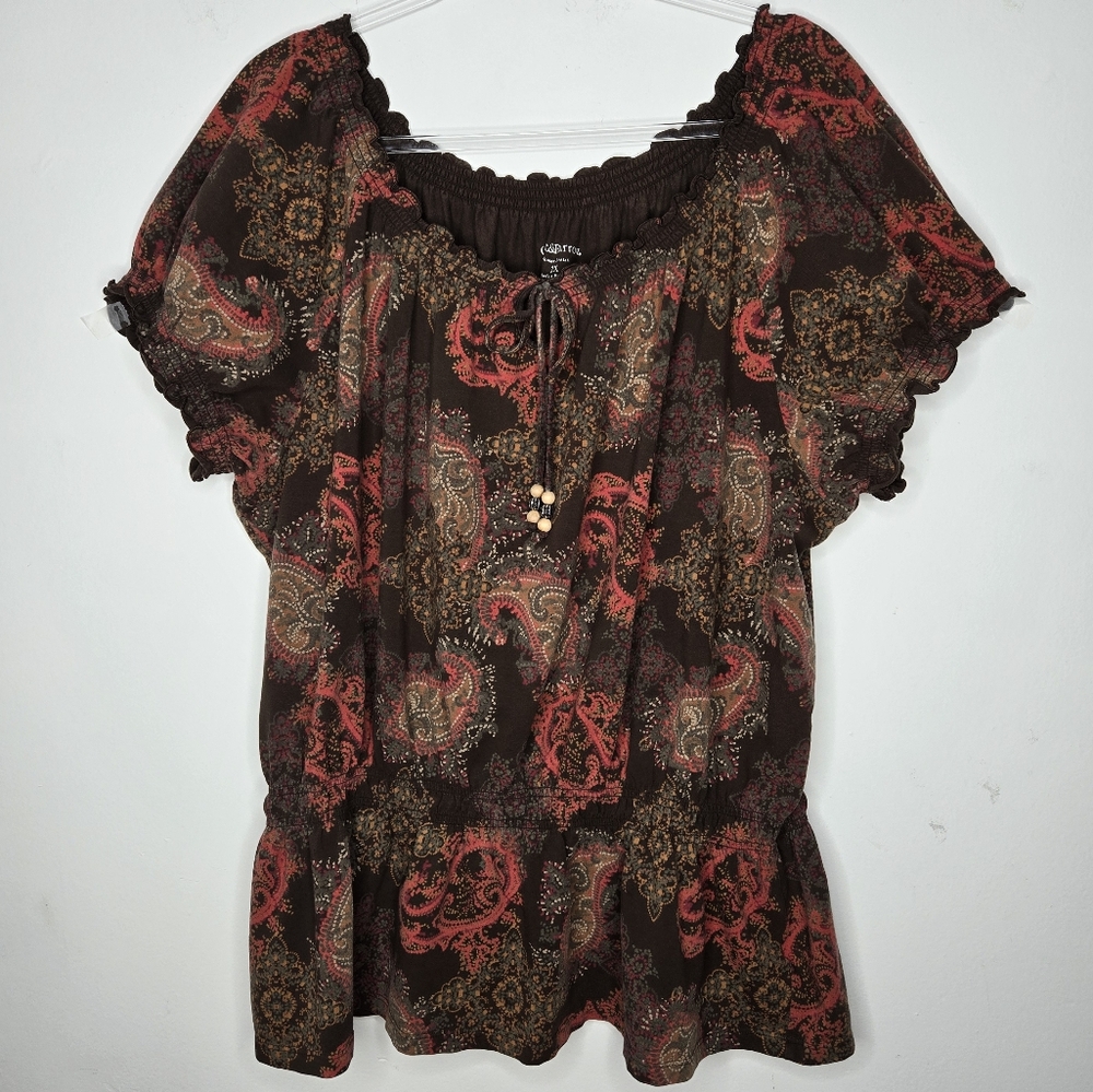 Croft & Barrow Paisley Scallop Neck Dark Fairy Top Size 2X Brown Elastic Waist